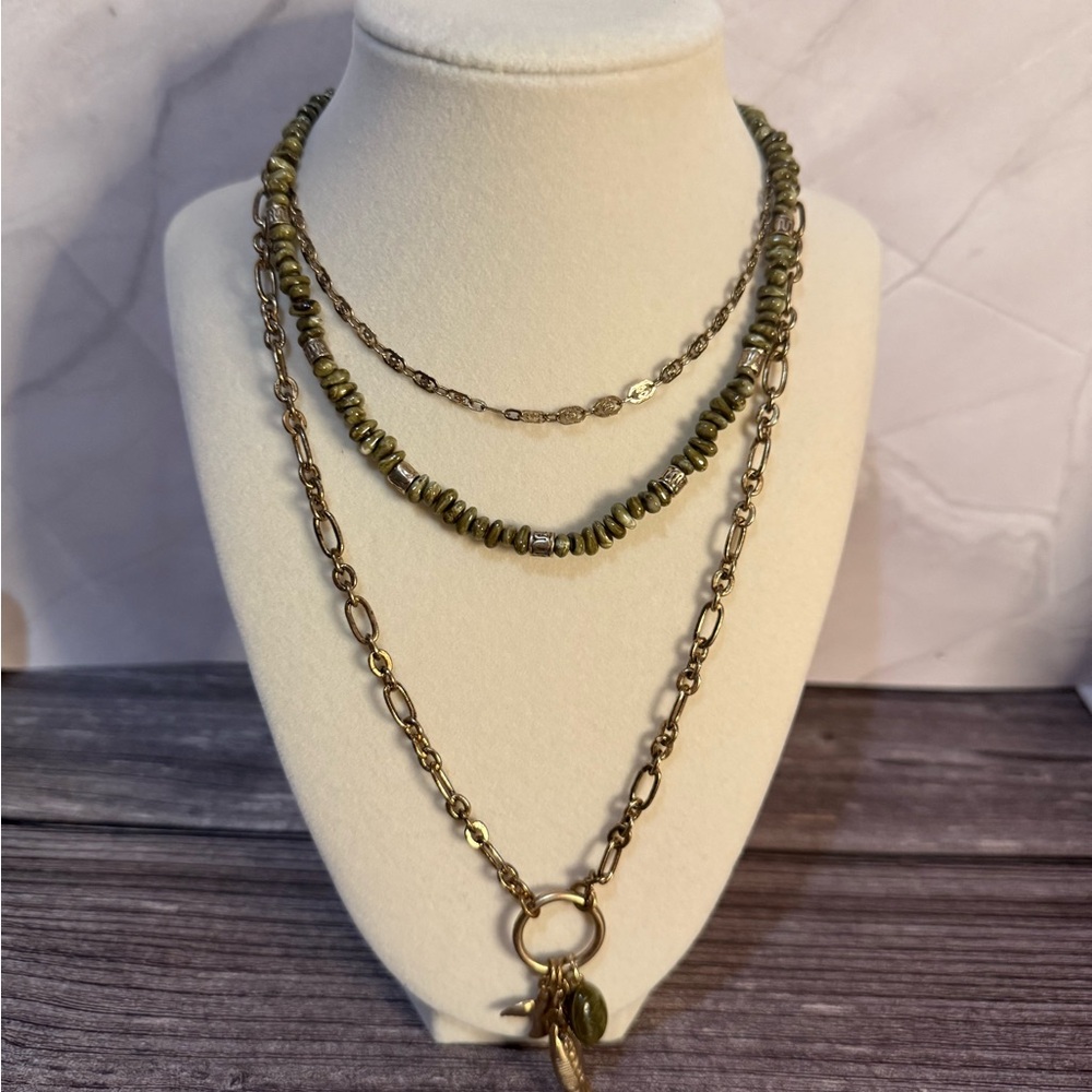 NWOT Elegant Olive Green Layered Necklace Charms fish bird